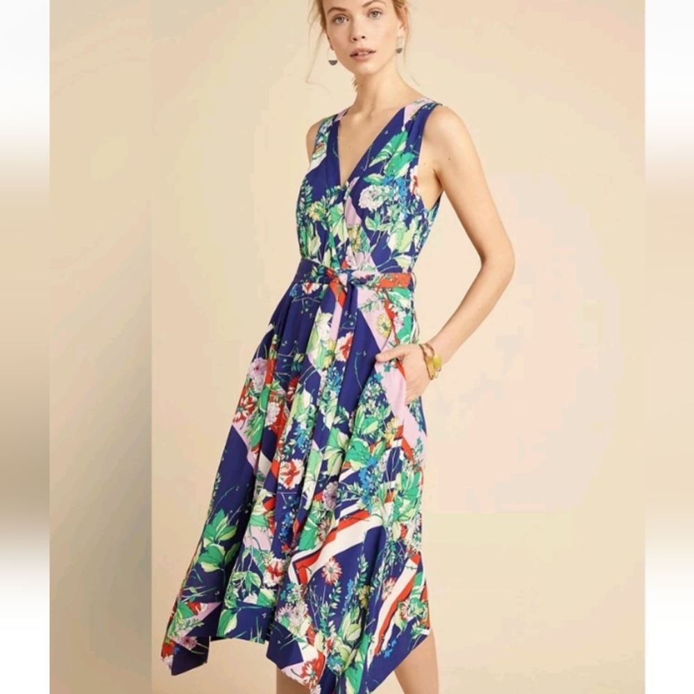 Maeve Anthropologie Spirited Navy Floral Faux Wrap Midi Dress Size 16